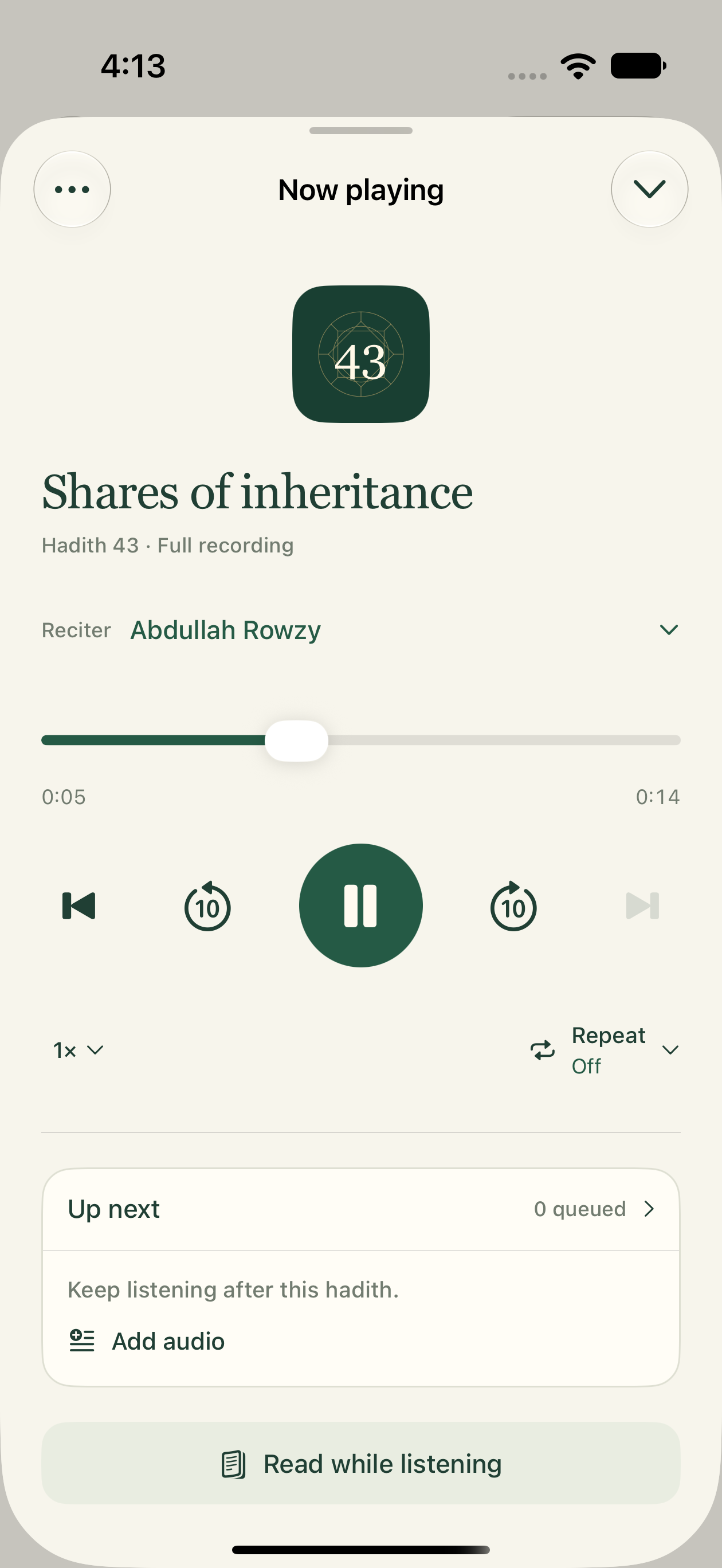 Native iOS player with reciter, speed, repeat and queue controls